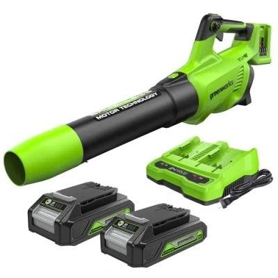 Imagen de Greenworks soplador de hojas inalámbrico axial (Dos Baterías 2x24V 225km/h velocidad aire potente c/control electrónico con batería 2x2Ah y cargador doble ranura)