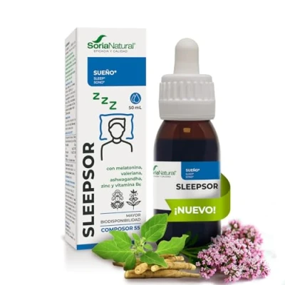 Imagen de Melatonina con Valeriana, Ashwagandha, Zinc y Vitamina B6 Ayuda a Conciliar el Sueño, Contra Insomnio, Contribuye Combatir Estrés Composor 55 Sleepsor Bote de 50 ml Soria Natural
