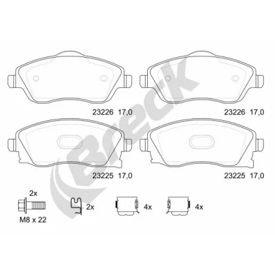 Imagen de BRECK 23225 00 702 10 Juego de pastillas freno con perno sujeción rueda accesorios OPEL: Corsa C Hatchback, Meriva A, Combo Tour