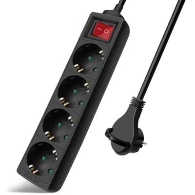 Imagen de EXTRASTAR Regleta Alargador con 4 Enchufes e Interruptor, Cable 1.5M Clavija Plana, para el hogar, Oficina y Viajes, 16A, 250V, 3680W, Negro