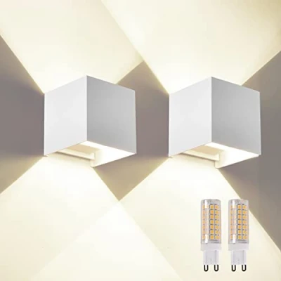 Imagen de FUPE 2 Piezas Aplique de Pared exterior Interior Bombilla LED G9 Reemplazable Lámparas Moderno Blanca 4000K IP65 Impermeable Apliques cuadrada aluminio Ángulo luz ajustable