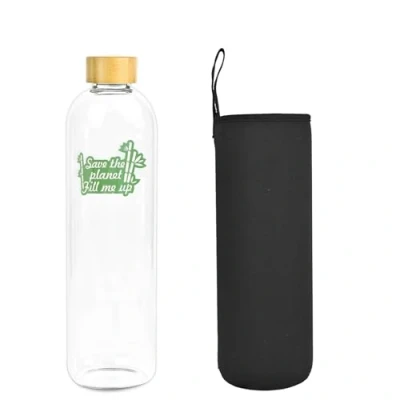 Imagen de Botella de Agua Cristal 1,5 L 1500 ML con Tapa Bambú Vidrio Borosilicato Funda Neopreno Negra Ecológica Save the planet fill me up Reciclable Reutilizable Libre Tóxicos sin BPA