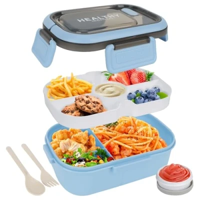 Imagen de OWill Fiambrera, 1200ml Lunch box con 3 compartimentos y juego de cubiertos,fiambrera infantil hermetica,loncheras para niños,Apta microondas lavavajillas, Azul