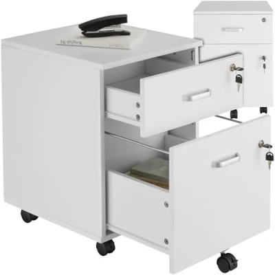 Imagen de tectake® cajonera con ruedas, oficina cerradura, escritorio 2 cajones, mueble archivador para carpetas colgantes, armario bajo Blanco