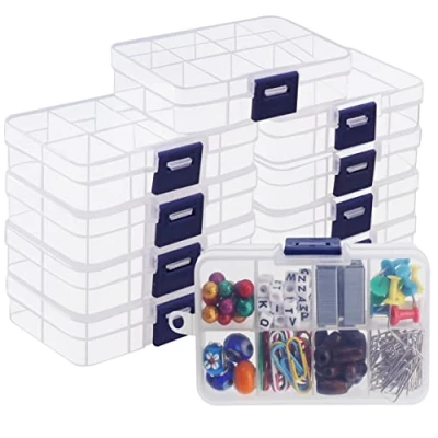 Imagen de BELLE VOUS Caja Abalorios con Separadores Ajustables (Pack de 10) Almacenaje Plastico Transparente 10,5 x 6,5 cm 8 Compartimentos para Accesorios Pequeños, Joyas, Cuentas, Manualidades