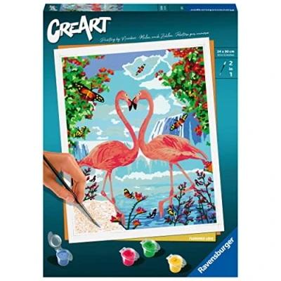 Imagen de Ravensburger CreArt Flamencos Enamorados, Kit para Pintar por Números, Contiene una Tabla Preimpresa 24x30 cm, Pincel, Colores y Accesorios, Juego Creativo Relajante Adultos 14+ Años