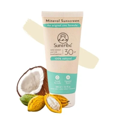 Imagen de Crema Solar Mineral Natural FPS 30 Suntribe 100 ml, Tinte, Ecológica 100% &amp; Segura para Arrecifes Óxido de Zinc no Nano Resistente al agua