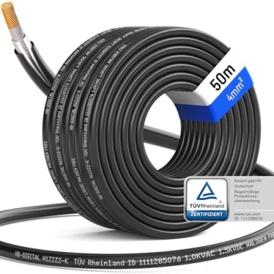 Imagen de hb digital 50m cable solar 4 mm2 certificado TÜV Rheinland H1Z2Z2 resistente a los rayos UV flexible, cobre puro 1500 V de extensión fotovoltaico para panel inversor negro