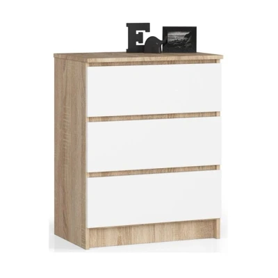 Imagen de AKORD Cómoda K60 con 3 cajones Credenza Alta Mueble Moderno para Sala de Estar, Comedor, Dormitorio, Entrada, baño Armario Infantil 60x77x40 cm 25 kg Roble Sonoma &amp; Blanco Frente