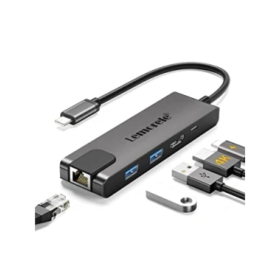 Imagen de Lemorele Hub USB C con Gigabit, adattatore 5 in 1 a RJ45 Ethernet 1000Mbps, 4K HDMI, 2 3.0, 100W PD, per SteamDeck, MacBook Pro/Air, iPad, ChromeBook Pixel, Matebook, PC Tablet Type