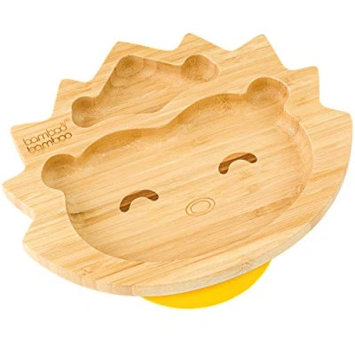 Imagen de Plato de Bambú para Bebés con Sistema Succión Niños No Tóxico y Natural que Se Mantiene Frío al Tacto el Baby Led Weaning (Hedgehog) Amarillo
