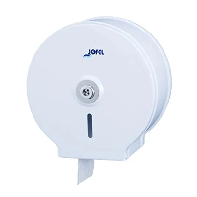 Imagen de Jofel Portarrollos de Papel Higiénico Industrial Pequeño, Dispensador en Rollos hasta 200m, max. 190mm Diámetro, Mandril 18 a 55mm, Carcasa Acero Laminado Blanco, Clásico AE12400