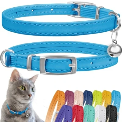 Imagen de CollarDirect Collar de Piel para Gato, Seguridad Gato con Correa elástica, Gatito Campana, Negro, Azul, Rojo, Naranja (Cuello 6 a 7 Pulgadas, Azul Claro)