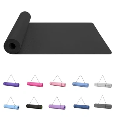 Imagen de Good Nite Esterilla de yoga para entrenamiento, pilates, fitness, mujeres y hombres, antideslizante, gruesa, 6 mm, alta densidad, con correa transporte, Tpe (negro)