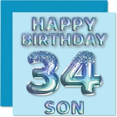 Imagen de Tarjeta de cumpleaños número 34 para hijo, globos fiesta con purpurina azul, tarjetas feliz hijo años mamá, papá, padres, felicitación 145