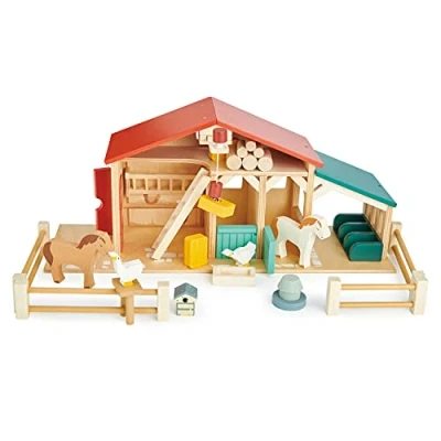 Imagen de Tender Leaf Toys juego de granja madera, completo con animales valla patio y muchos accesorios, imaginativo para niños 3 años