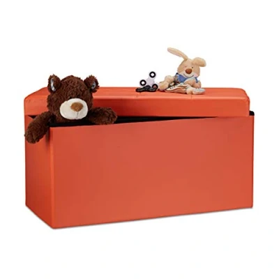 Imagen de Relaxdays Faltbare Sitzbank 38 x 78 cm HxBxT, 2 Sitzer m. Stauraum, Kunstleder Sitzhocker 300 kg belastbar, Orange Banco Asiento Plegable, Piel Sintética, Naranja, 76x38x38