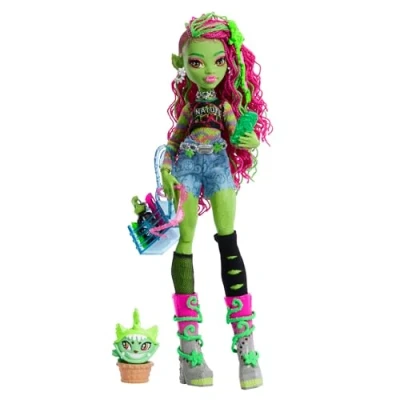 Imagen de Monster High Venus McFlytrap Muñeca con Chewlian, una monstruosa mascota mitad planta y gatito, diversos accesorios, como mochila, un diario, comida bebida, mucho más, HRP81
