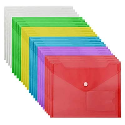 Imagen de Belle Vous Pack de 24 Carpeta para Documentos A5 Plástico Transparente Carpetas Sobre Colores Variados Cierre Botón y Bolsillo Tarjeta Etiqueta Hogar, Oficina Escuela, Papelería,