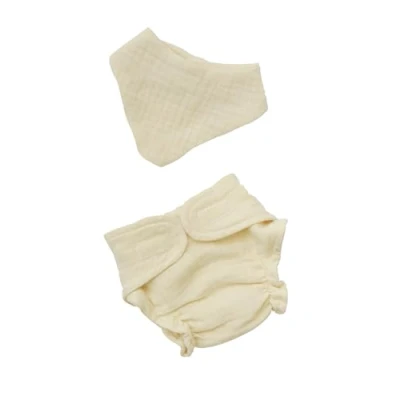 Imagen de Heless 4201 Ropa algodón 100% orgánico, Juego de 2 Piezas con pañal Tela y Babero Crudo para muñecas Peluches tamaño 28 35 cm, Color Beige (4201)