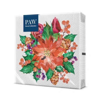 Imagen de PAW Servilletas de Papel 3 Capas (33 x 33 cm) 20 Unidades Navidad con motivos invernales y navideños Ideales para la mesa festiva Color: Poinsettia With Cones