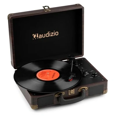 Imagen de Audizio RP116DW Tocadiscos Vinilo en maletín Retro con IN/out Bluetooth, de Altavoz Integrado, codificación MP3 USB, giradiscos 3 velocidades, Acabado Madera Oscura