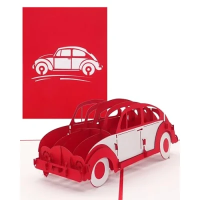 Imagen de tarjeta desplegable &quot;Escarabajo&quot; en rojo de cumpleaños 3D felicitación &amp; para carné conducir con modelo coche como regalo, paquete regalo y viaje