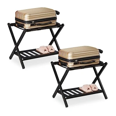 Imagen de Relaxdays Pack 2 Soportes Maletas, Taburetes Equipaje Plegables, 54x66x45 cm, Portabultos Madera Hotel, Baldas, Negro