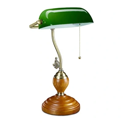 Imagen de Relaxdays Lámpara Banquero, Interruptor de Cadena, Tulipa Inclinable, Base Madera, Vintage, Rosca E27, Luz Mesa, Verde