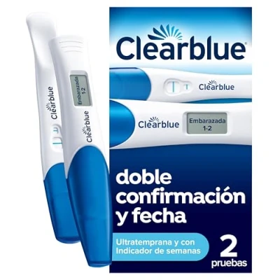 Imagen de Paquete combinado test de embarazo Clearblue Ultratemprana con doble verificación y fecha, Resultados 6 días antes (test visual) indicación semanas digital), Kit 2 pruebas