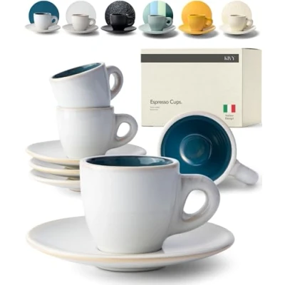Imagen de KIVY juego de 4 tazas espresso (4 x 75 ml), hechas a mano cerámica paredes gruesas, café expreso con plato, italianas pared gruesa, taza