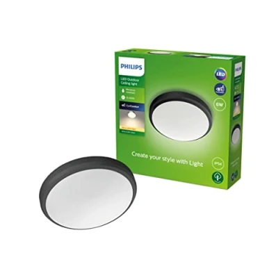 Imagen de Philips Lighting Plafón Doris, lámpara de techo LED exterior, color negro, luz blanca cálida, 6W