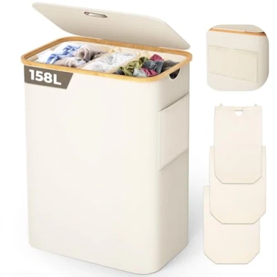 Imagen de OUSFOT Cesto para la Ropa Sucia con 3 Compartimentos Mango de Bambú 158L Tapa Bolsillo Trasero Malla Plegable Colada Beige