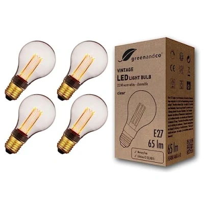 Imagen de greenandco 4x Bombilla LED regulable decorativa estilo vintage E27 A60 2,3W 65lm 1800K 320 230V, claro, sin parpadeo