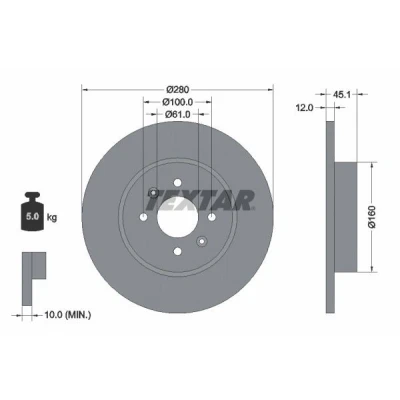 Imagen de TEXTAR PRO 92181203 Disco de freno 280 12 04/06 100 macizo revestido sin perno sujeción rueda, buje rueda RENAULT: Kangoo I