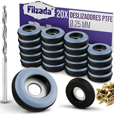Imagen de Filzada® 20x Almohadillas de Teflón para Muebles, con Tornillo Ø 25 mm (redondo) Deslizadores muebles/deslizadores alfombras PTFE (Teflón) incl. tornillos