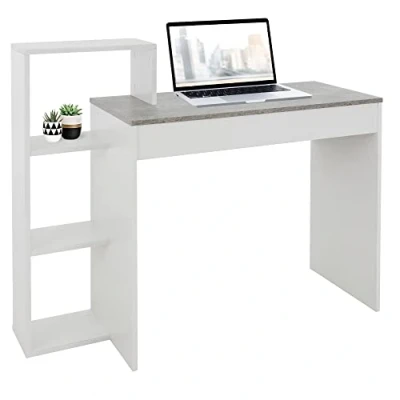 Imagen de ML Design Escritorio con Estantes Mesa de Trabajo para Oficina, Mesita Ordenador PC Blanco Tablero Aspecto Cemento, 3 Baldas, 110x72x40 cm, Madera, Sistema 2 en 1, Hogar/Estudio