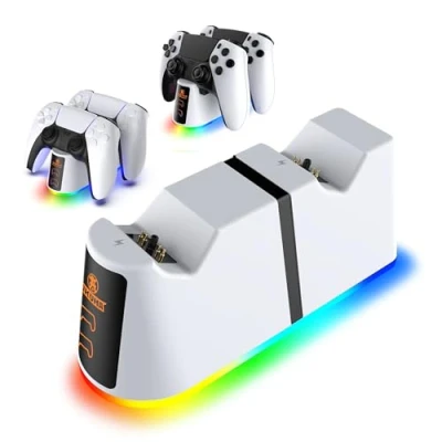 Imagen de AKUMA Cyber V01 Estación de Carga para mandos PS5 Cargador Mando DualSense &amp; Edge rápida y 10 Modos luz RGB Blanco
