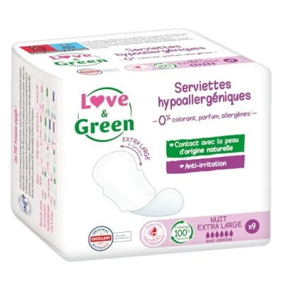 Imagen de Love &amp; Green Serviettes ecológicas &quot;NOCHE EXTRA LARGE&quot; Certificadas Ecolabel 9 piezas 0% colorante, perfume, alérgenos