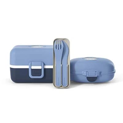 Imagen de monbento Set Fiambrera Lunch Box Infantil con Bento Niños MB Tresor Infinity 3 compartimientos, Cubiertos Biodegradables Pocket Color y Caja Merienda Gram Azul