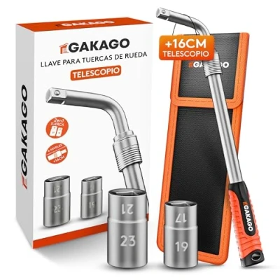 Imagen de Gakago Juego de llaves telescópicas para tuercas rueda con vasos 17/19mm y 21/23mm 1/2 pulgada Llave extra larga extensible Práctica bolsa almacenamiento