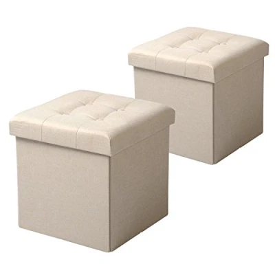 Imagen de WOLTU Juego de 2 Taburetes con Almacenamiento Plegable, Asiento Lino Acolchado, Tapa Extraíble 37.5x37.5x38CM (LxWxH) Crema SH06cm
