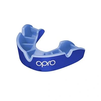 Imagen de protector bucal deportivo OPRO Silver Level para adultos y niños con estuche, de goma tecnología ajuste revolucionaria lacrosse, BJJ, MMA, boxeo (azul oscuro/azul, juvenil)