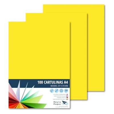 Imagen de Raylu Paper® Cartulinas A4 100 unidades de color Amarillo, 180gr 210 x 297 mm, Ideal para encuadernación, trabajos oficina, dibujo, manualidades. aptas uso escolar. (Amarillo Canario)