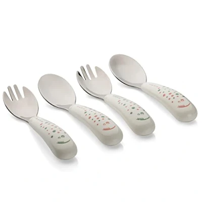 Imagen de MiaMia Set de Mini Cubiertos Infantiles 4 Ud. (2x Tenedor 2x Cuchara), Bebe Acero Inoxidable Sin Contaminantes, Mangos Gruesos Crema