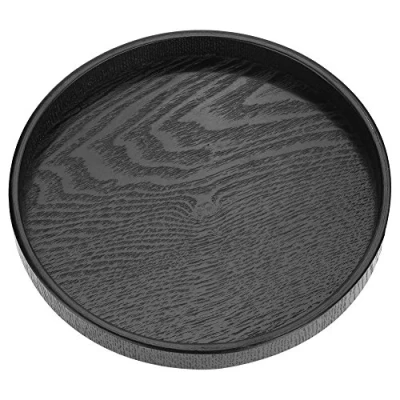 Imagen de bandeja redonda de madera maciza para servir té café aperitivos comida plato antideslizante con bordes elevados (27 cm)