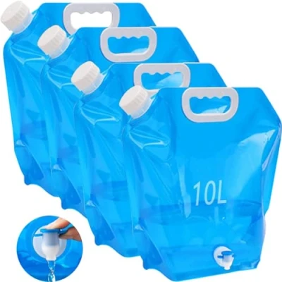 Imagen de Kamiya 4 bidones de agua plegables 10 l con tapa hermética y válvula, bidón flexible, litros, plegable, sin BPA, para camping al aire libre