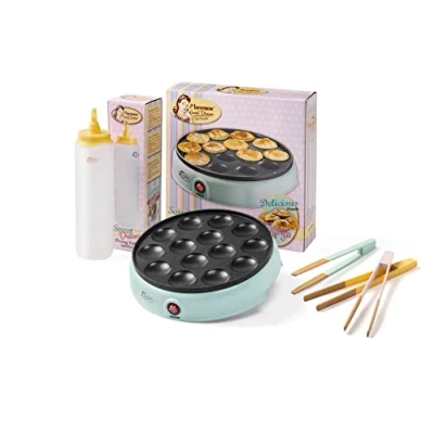 Imagen de Bestron APFM700SDM+ABOTTLEV+ATONG3 Poffertjes Maker + botella de masa pinzas cocina, plástico, amarillo/rosa