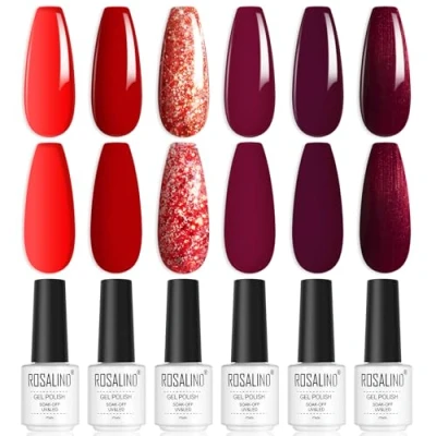 Imagen de ROSALIND Pintauñas Semipermanentes, Rojo Esmaltes Semipermanentes Para Uñas, 6 Colores Oscuro Glitter de Uñas en Gel UV LED Fácil DIY Casa