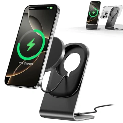 Imagen de Cargador Inalámbrico BHHB mag Safe Carregador Carga inalámbrica con Soporte 15W, Rápido Stand para iPhone 16/15/14/13/12/Xs/X/Xr/8 Serie y Air Pods 4/3/2/Pro (Negro)